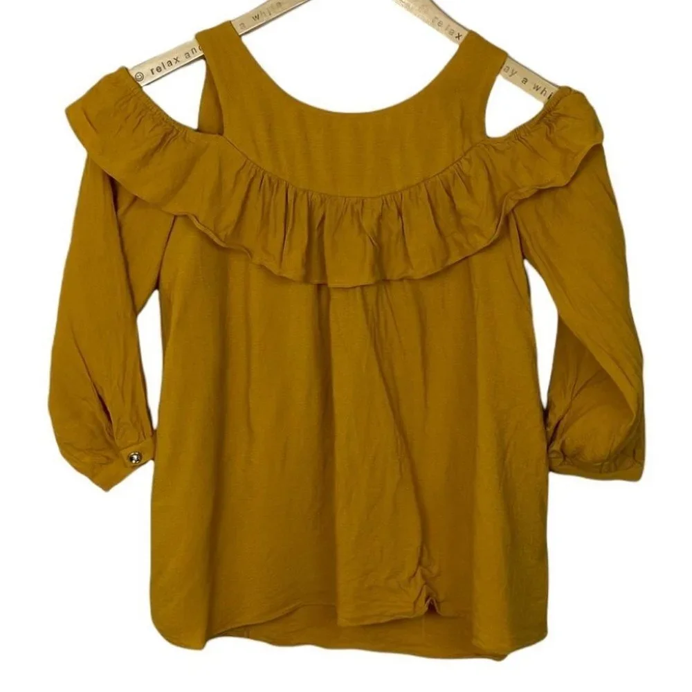 Anthropologie Maeve Brearly Mustard‎ Yellow Open Shoulder Ruffle Top Size 2 Boho - Picture 7 of 15